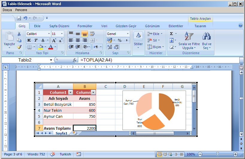 5. 6. Ekrana gelen Excel çalışma sayfasına istenilen tablo bilgileri girilir. Tablo üzerinde gerekli düzenlemeler yapılır.