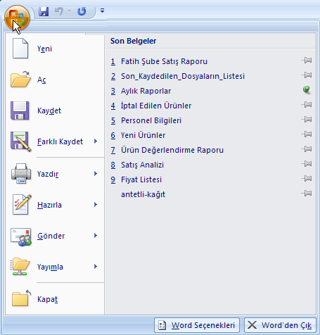 Son Kullanılan Dosyaların Listesini Özelleştirmek Pek çok Microsoft Office programında olduğu gibi Word 2007 de de son çalışılan dosyaların kısayolları son kullanılan belgeler bölümünde görüntülenir.