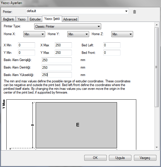 ADIM 14 Yazıcı şekli sekmesinde yazıcının tipini, mekanik özelliklerini ve baskı alanını resimde