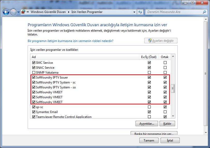 2. Windows Güvenlik Duvarı ekranından Bir programın veya özelliğin Windows güvenlik duvarını aşmasına izin ver seçeneğine tıklayınız. 3.