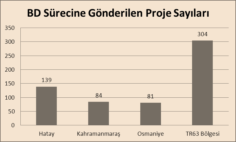 Ajans tarafından yapılan değerlendirme sonucunda Hatay ilinden 139, Kahramanmaraş ilinden 84 ve Osmaniye ilinden 81 olmak üzere toplam 304 proje başvurusu Bağımsız Değerlendirme aşamasına alınmıştır.