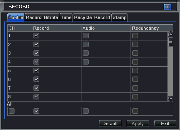 Resim 4.11 Kayıt Yapılandırma - Etkinleştirme Adım 2: Kayıt ve Ses işaret kutucuklarından kanalların kayıt ve sesli kayıt seçeneklerini etkinleştirebilirsiniz.