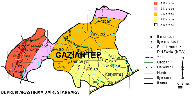 Şekil 121: Güneydoğu Anadolu Bölgesi ve Yakın Çevresi Fay Hatları ve Meydana Gelen Tarihsel Depremler Gaziantep ili sınırları içerisinde 1., 2., 3. ve 4.
