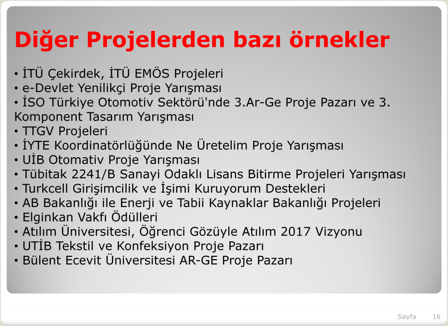 Diğer Projelerden bazı örnekler İTÜ Çekirdek, İTÜ EMÖS Projeleri e-devlet Yenilikçi Proje Yarışması İSO Türkiye Otomotiv Sektörü'nde 3.Ar-Ge Proje Pazarı ve 3.