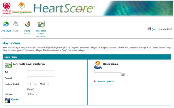 4. HeartScore web uygulama anasayfası Navigasyon butonları HeartScore sayfasının sol üst köşesinde yer almaktadır.