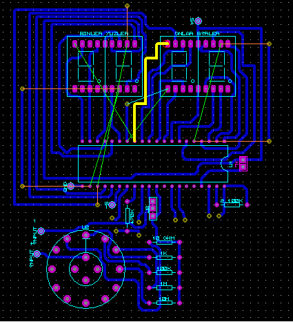 Şekil 8: PCB Tasarımı Şekil 9:PCB (Üstteki Bağlantılarla ve Düzenlemelerle) Şekil 8 de ARES te oluşturulan baskı devre tasarımı görülmektedir.