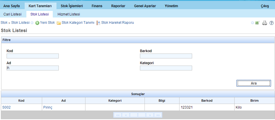 Stok Listesi Sistemde daha önce kaydedilmiş olan stok kartlarının istenen kriterlere göre sorgulanabilmesini sağlar.