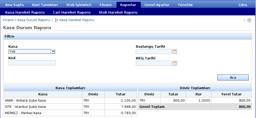 Cari Durum Raporu Bu bölümde sistemde tanımlı olan carilerin son durumları rapor halinde ekrana listelenir.