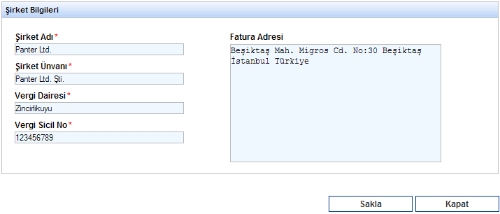 Şirket Bilgileri Şirket Bilgileri menüsü altında, şirketinizin isim, unvan, vergi dairesi, numarası, adresi bilgileri girilecektir.