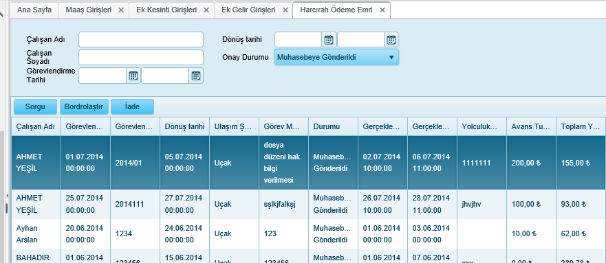 Aşağıdaki blgi girişlerine göre sorgulama yapılmaktadır. Çalışan Adı Çalışan adı ve soyadı girilerek sorgulama yapılabilir.