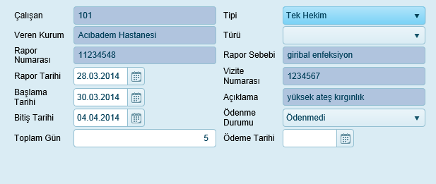 Bitiş Tarihi Sağlık raporu bitiş tarihi belli bir tarih aralığındakiler sorgulanır. Sağlık Raporu listesinde herhangi bir kayda çift tıklandığında Sağlık Raporu Güncelleme sayfası açılır.