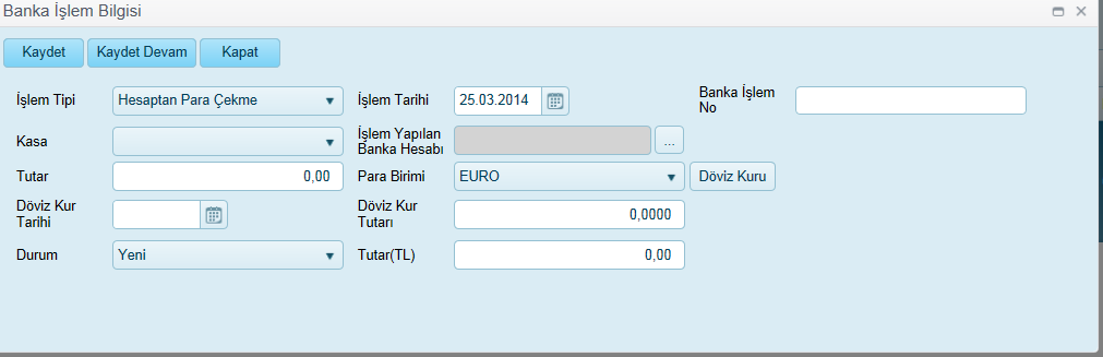 İşlem tipi : Hesaptan Para çekme, Hesaba Para yatırma ise ; İşlem Tipi İşlem Tarihi Banka İşlem No Kasa Cari Kart Gönderen Banka Gönderen Banka Hesap No İşlem Yapılan Banka Hesabı Virman Banka Hesabı