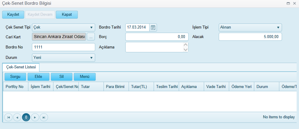 Bu sayfada yapılacak işlemler ; 1- Sorgulama 2- Ekleme 3- Silme 4- Menü 5- Çek Senet Listesi 6- Grid Sağ Click Menü 3.4.1.1. Sorgulama Aşağıdaki alanlar ile sorgulama yapılabilir.