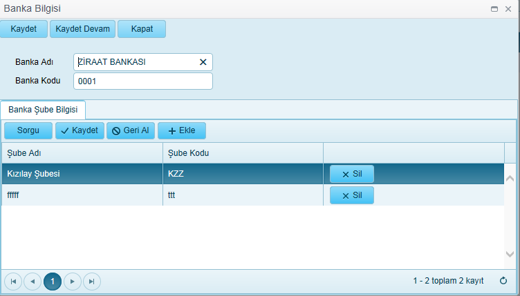 5.8. Banka Tanımı Banka işlemlerinde kıllanılacak banka tanım bilgilerinin yapıldığı ekrandır. Yapılacak İşlemler : 1- Sorgulama 2- Ekleme 3- Silme Banka Adı 5.