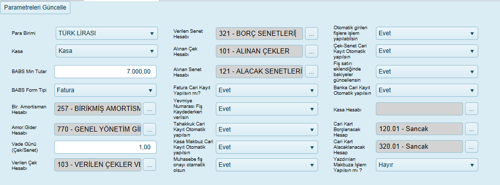 5.21. Parametreler Para Birimi Kasa BABS Min Tutar BABS Form Tipi Br.