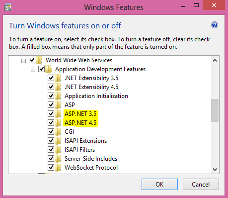 Ayrıca Windows özelliklerinden ASP.NET 3.5 ve ASP.NET 4.5 özelliklerinin de açılması gerekmektedir. Gerekli olan minimum Microsoft Report Viewer Redistributable versiyonu: http://www.
