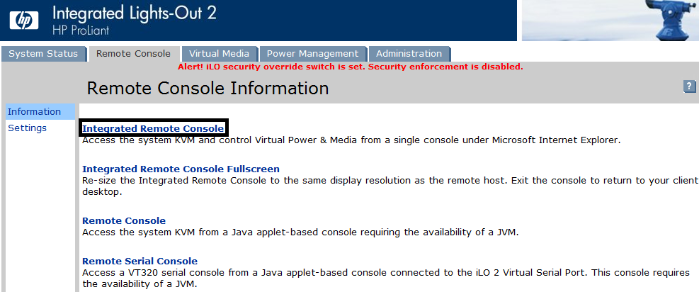 Remote Console menüsündeyiz Integrated Remote Console'yi