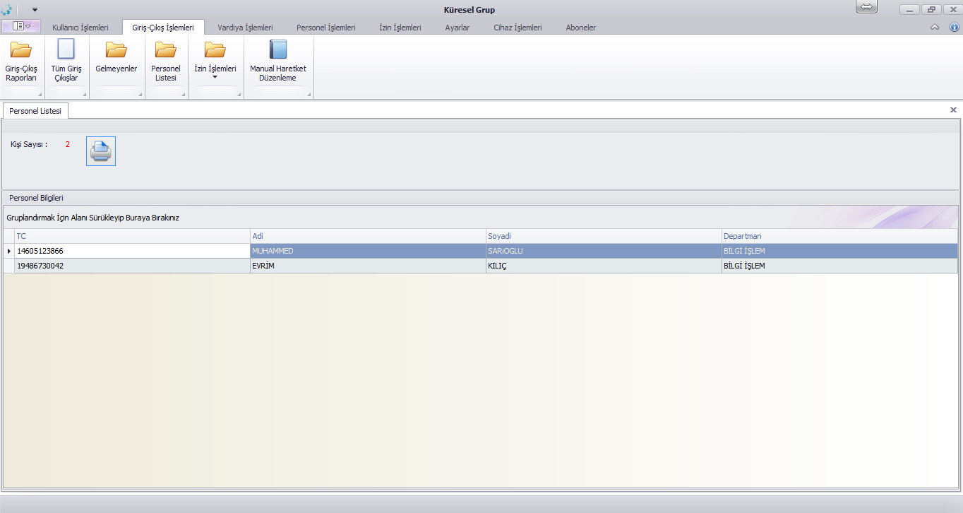 2-4.Personel Listesi Giriş Çıkış İşlemleri => Personel Listesi Personel listesi raporunda program üzerinde