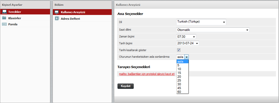 Tercihler / Kullanıcı Arayüzü bölümünden, Dil, Saat dilimi, Zaman ve Tarih biçimi, Tarih kısaltması, ve oturumun hareketsizlik sebebiyle