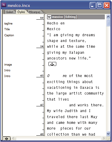 INCOPY CS3 25 Hikaye görünümü Metni kesintisiz bir akış olarak gösterir, metni belge penceresinde sarar. Hikaye görünümü doğru satır bitişlerini göstermez, bu yüzden içeriğe yoğunlaşabilirsiniz.