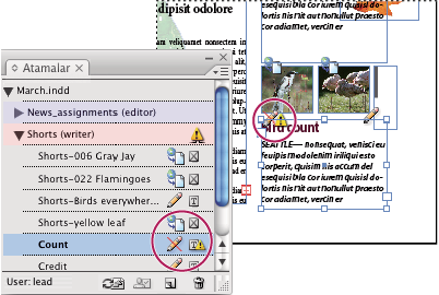 INCOPY CS3 73 Kullanımda ve Güncel Değil simgelerinin göründüğü Atamalar paneli (sol) ve güncelliğini yitirmiş içerik bulunan Mizanpaj (sağ) 4 InDesign kullanıcısı içeriği güncelleştirir.