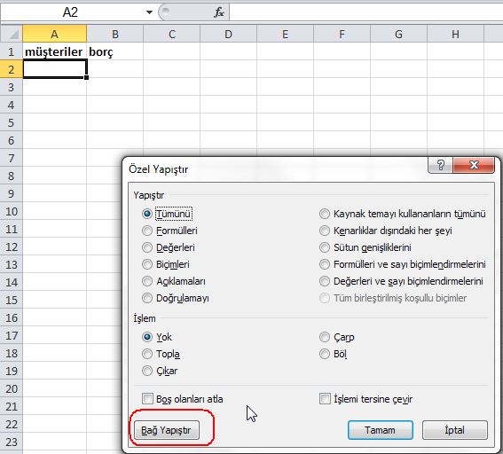 Gelen diyalog kutusunda sol alttaki bağ yapıştır düğmesine tıklayın. Bir önceki excel sayfasında olan verilerinizin yeni excel sayfasına da eklendiğiniz göreceksiniz.