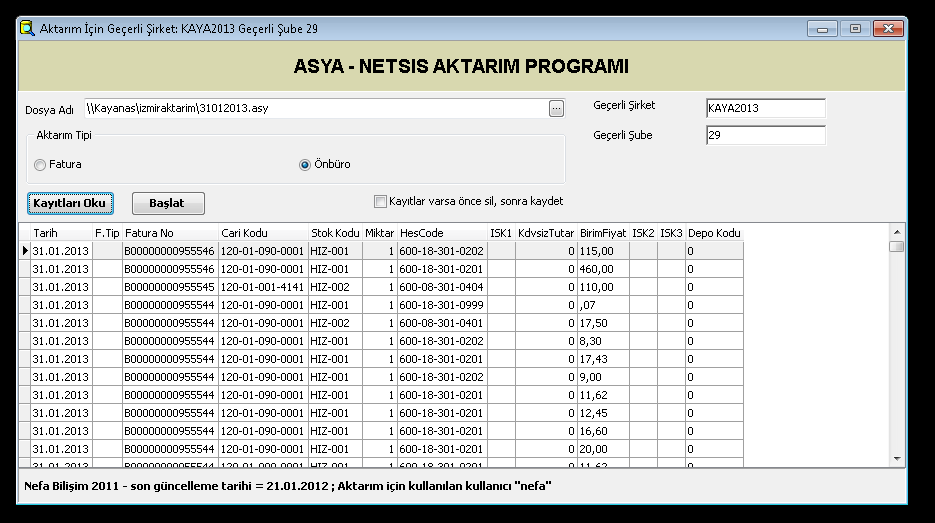 1 Okutulacak dosyanın seçileceği klasörü buradan seçiyoruz. 2 Önbüro modülünden geldiğini belirtmemiz gerekiyor ( İleride Stok aktarımlarında Fatura bölümünün işaretleneceği anlatıalcaktır.