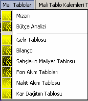 6. Mali Tablolar Menüsü Buradaki menü seçeneklerini kullanarak, genel/ aylık/tarihler arası mizan alabilir, mali tablo kalemleri bölümünde tanımlanmış değerler doğrultusunda Gelir Tablosu, Bilanço,