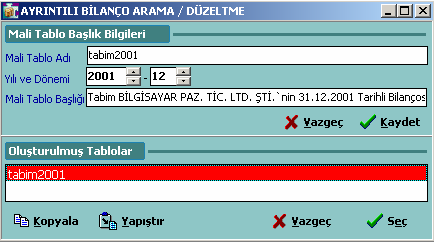 işlemlerini iptal etmek için Vazgeç butonunu, kaydetmek için Tamam butonunu kullanabilirsiniz. Tablo Sil butonuna basarak, kayıtlı olan mali tablo bilgilerini silebilirsiniz.