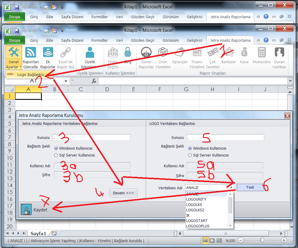 Yükleme bittikten sonra; Excel programını açınız. 1. Jetra Excel Raporlama bölümünü seçiniz 2. Ayarlar kısmından Kurulum ve bağlantı bölümünü seçiniz. 3. SQL server adını sunucu kısmına yazınız.