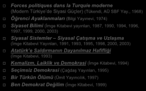 Kışlalı'nın başlıca yapıtları Forces politiques dans la Turquie moderne (Modern Türkiye de Siyasi Güçler) (Tükendi, AÜ SBF Yay.