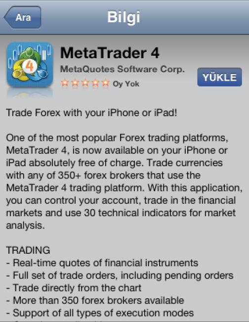 I PHONE İÇİN META TRADER 4 KULLANIM KILAVUZU Öncelikle itunes ya da Apple Store da arama kısmına Meta Trader 4 yazılır.