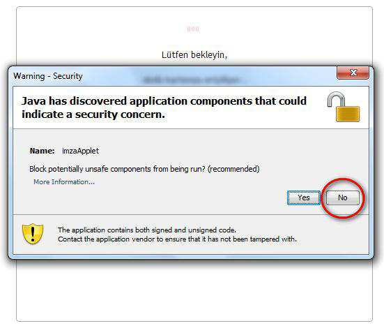 Şifre girilip Tamam butonuna tıklandıktan sonra ekrana Java security güvenlik uyarısı gelecektir.