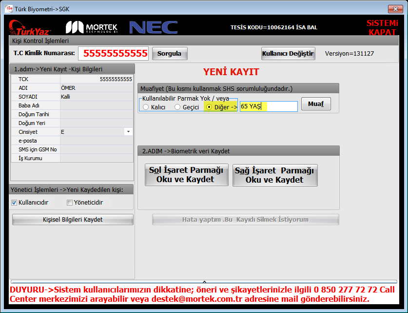 Ekran görüntüsü 3.4: Yeni Kayıt / Diğer Muafiyet Ekranı.