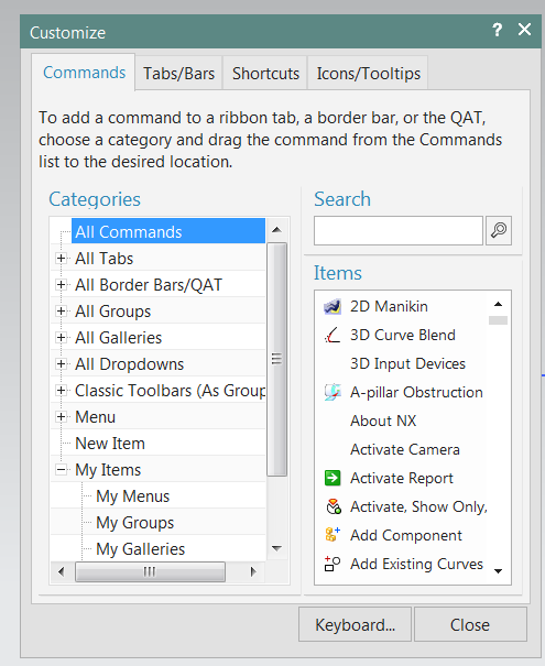 Customize Diyalog Penceresi Customize menüsüne yeni tanımlanan Search ikonu ile komutları Categories