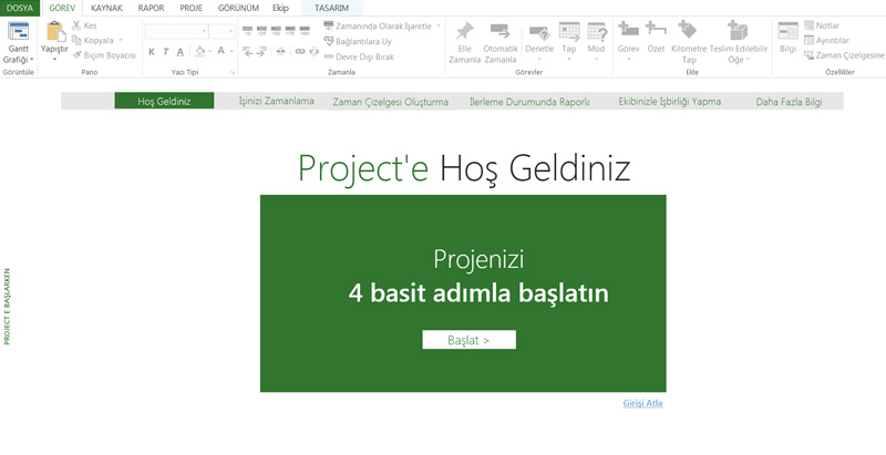 Project 2013 sizi boş bir dosyayla karşılamak yerine, projenizi başlatabileceğiniz bir merkeze yönlendirir. Dosya > Yeni yi tıklatın ve projenizi başlatın.