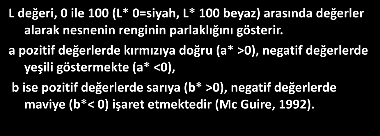 50 L, değeri 0-100 (L 0=siyah, L 100=beyaz) arasında değerler alarak nesnenin renginin parlaklığını gösterir.