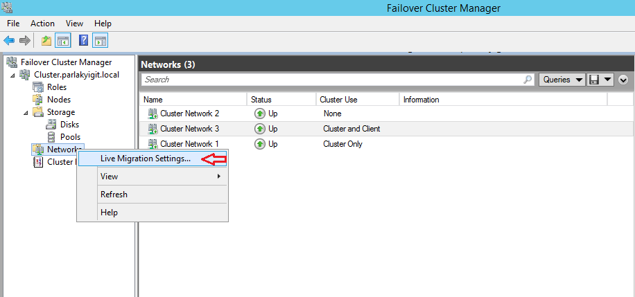 Windows Server 2012 R2 Hyper-V Failover Cluster Kurulum ve Yapılandırma-131 Şimdi failoevr Cluster manager konsolumuz üzerinde Network üzerine gelelim.