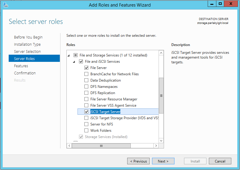 Windows Server 2012 R2 Hyper-V Failover Cluster Kurulum ve Yapılandırma-32 iscsi Target Server file and storege services in bir bileşeni olduğu için file and storege services açarak iscsi Target