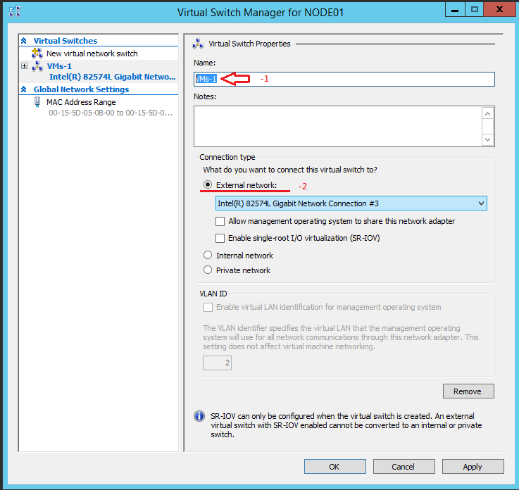 Windows Server 2012 R2 Hyper-V Failover Cluster Kurulum ve Yapılandırma-39 External virtual Switch bir isim vermemiz gerekmektedir. Ben -1 adımda VMs ismini veriyorum.
