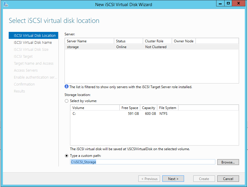 Windows Server 2012 R2 Hyper-V Failover Cluster Kurulum ve Yapılandırma-46 Select iscsi virtual disk location ekranına geldiğimizde aşağıda bulunan Type a custom patch seçeneğini seçerek VHD