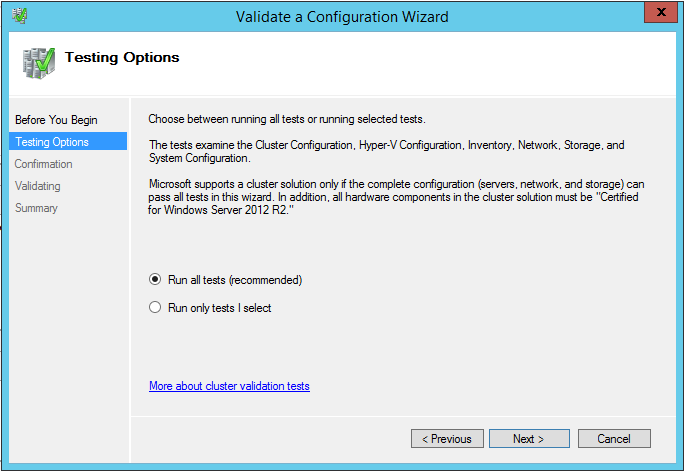 Windows Server 2012 R2 Hyper-V Failover Cluster Kurulum ve Yapılandırma-91 Testin options ekranına geldiğimizde Run all tests (recommended) (tüm testler)