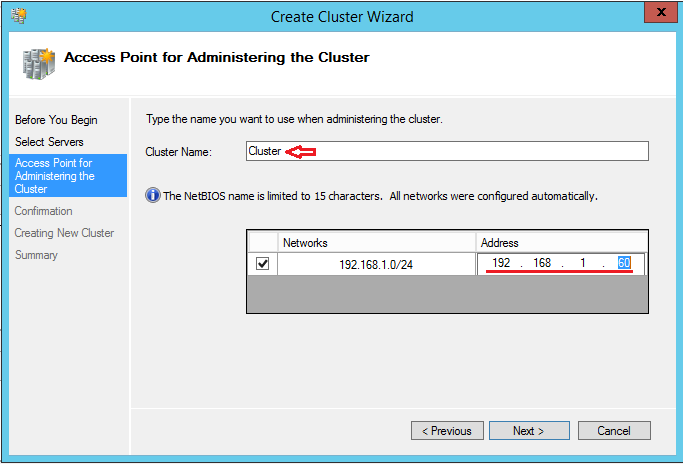 Windows Server 2012 R2 Hyper-V Failover Cluster Kurulum ve Yapılandırma-95 Validation testinden başarılı bir şekilde gerçekleştirdikten sonra karşımıza Access Point for Administering the Cluster