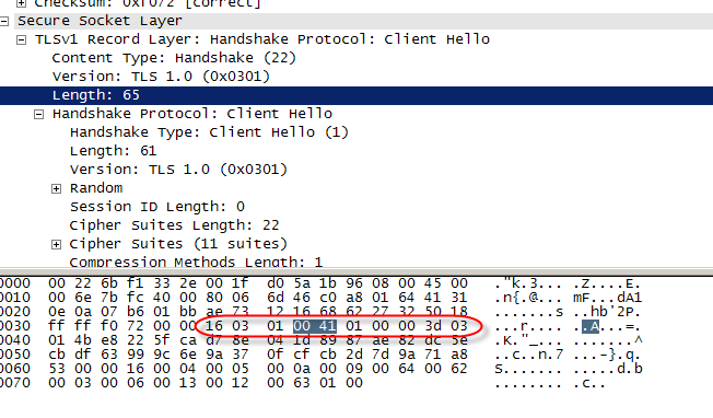 Ultrasurf Engelleme Kuralı 16030100410100003d0301 hex ifadesinde normal TLS bağlantılarından farklı tek şey Length değerleri. 16: Content Type: Handshake 03 01: Version TLS1.