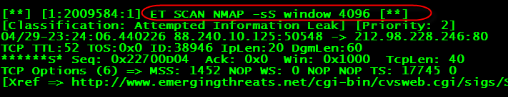 Örnek Kural-#4 Port tarama(nmap -ss) alert tcp $EXTERNAL_NET any -> $HOME_NET any (msg:"et SCAN NMAP - ss window 2048"; fragbits:!