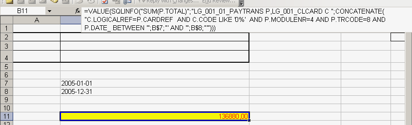 Bölüm c-) Đlgili Banka Hesabının belli tarih aralığı ve hareket özel koduna gore alacak değerinin listelenmesi =VALUE(SQLINFO("SUM(AMOUNT*ABS(SIGN))";"LG_001_01_BNFLINE";CONCATENATE("BANKR