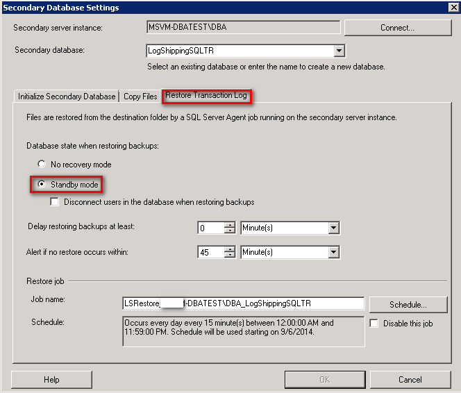 Standby Mode unu işaretliyoruz ve Schedule kısmını istediğiniz şekilde set edebilirsiniz. OK butonuna basarak Log Shipping operasyonumuzu gerçekleştirmiş oluyoruz.