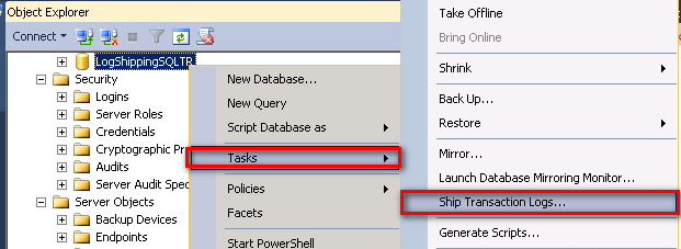Bu işlemden sonra Log Shipping uygulayacağımız veritabanımız üzerine gelip sağ tıklayıp Task sekmesinden Ship Transaction Logs sekmesine tıklıyoruz ve Log Shipping ayarlamalarını yapacağımız ekran