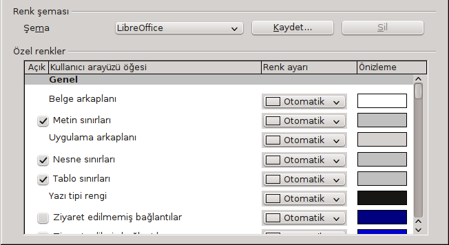 LibreOffice Görünüş sayfasında, görünecek ögeleri ve çeşitli ögeleri görüntülemek için kullanılacak renkleri belirleyebilirsiniz.