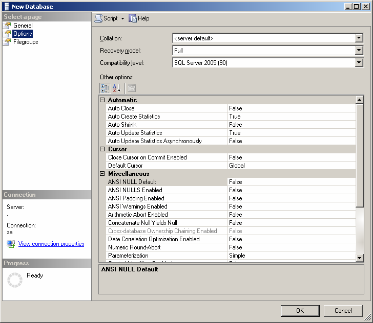 Options bölümünde Transaction Log yedekli çalışılmayacak ise Recovery model yine Simple seçilmelidir. Collation bölümü ise yine veritabanının dil seçeneklerini seçebileceğimiz yerdir.